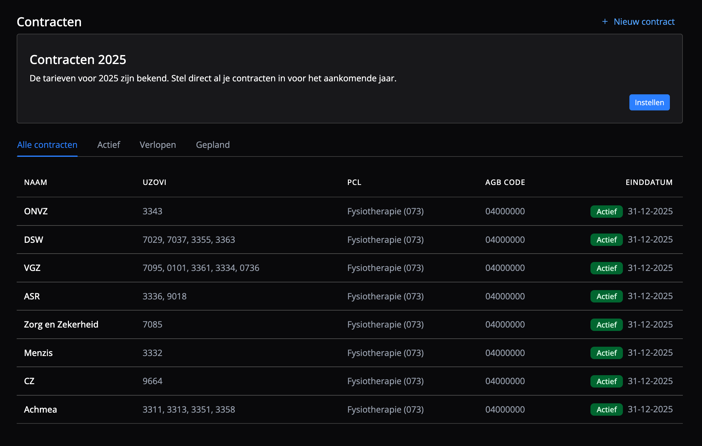 Contractoverzicht in Flux om de contracten met zorgverzekeraars te regelen