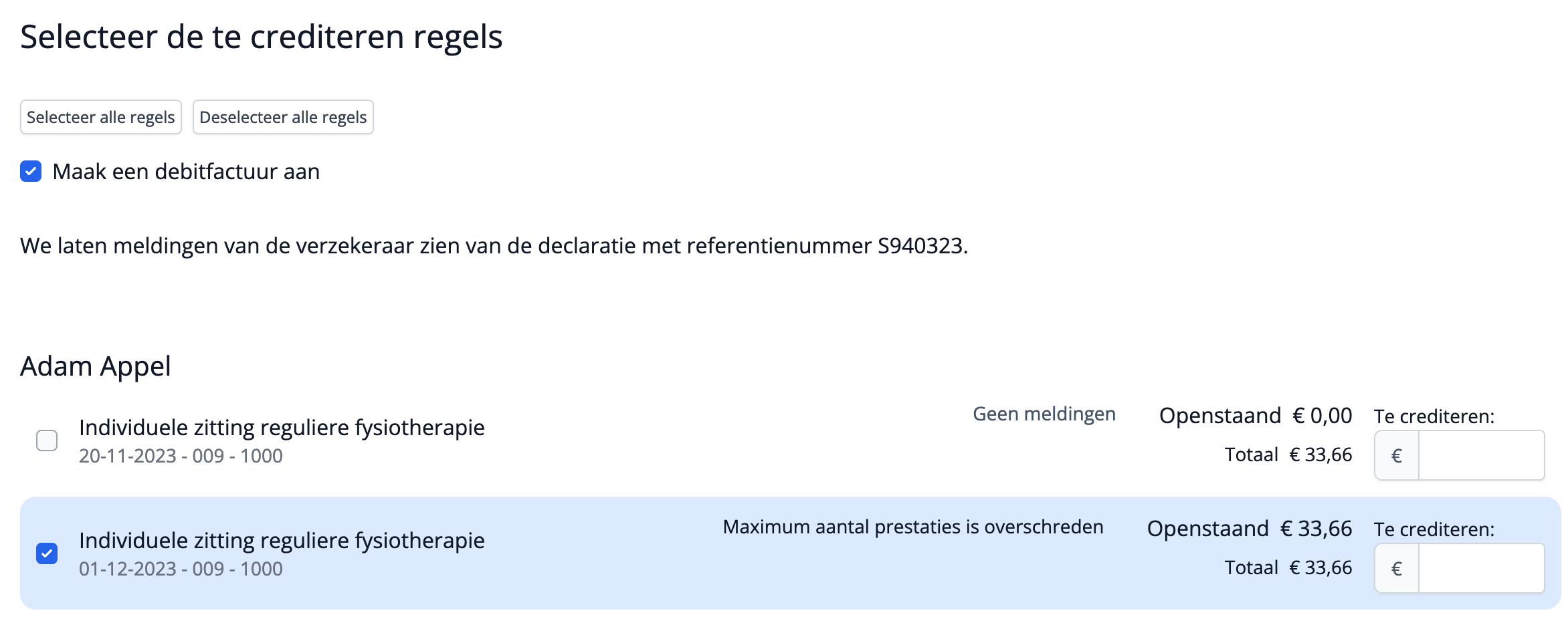 De afgekeurde declaratieregels moeten eerst gecrediteerd worden om weer opnieuw te kunnen verwerken
