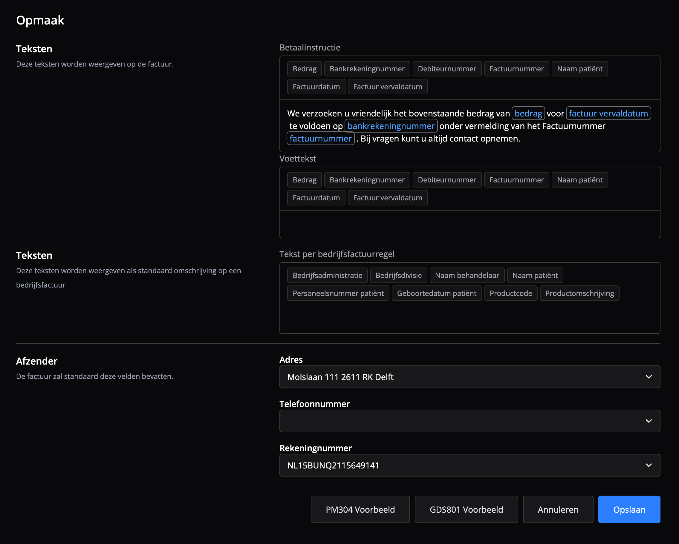 Je kunt de factuuropmaak instellen in Flux