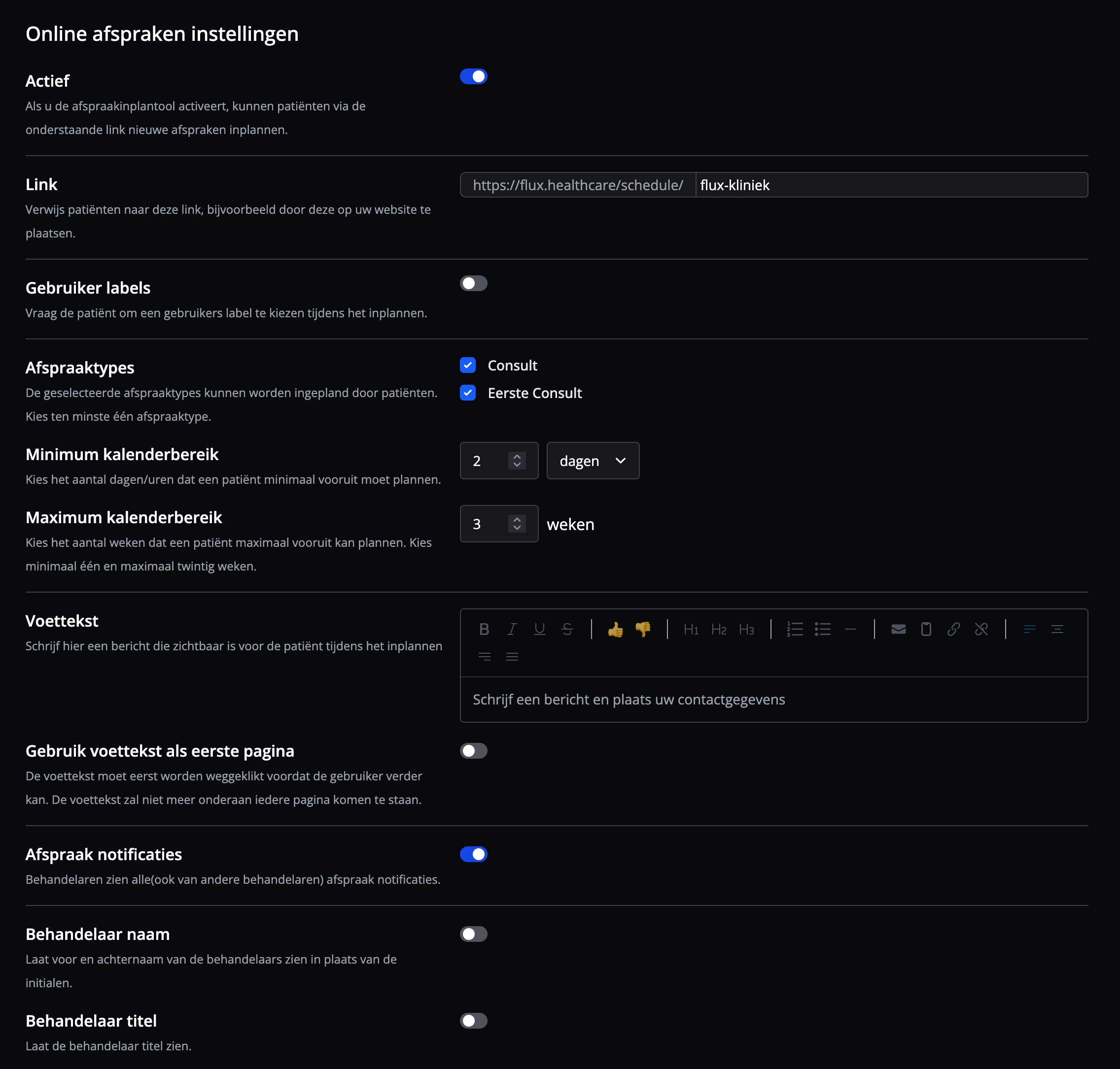 In Flux online afspraken instellen zodat een patient zelf kan inplannen