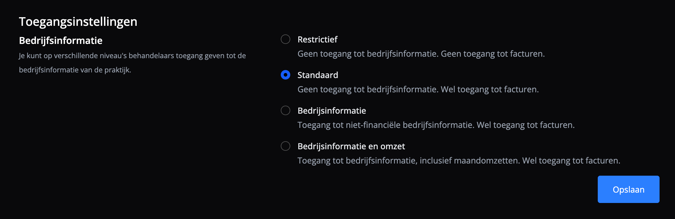 De instellingen om de toegang aan te passen die de behandelaars tot de bedrijfsinformatie krijgen