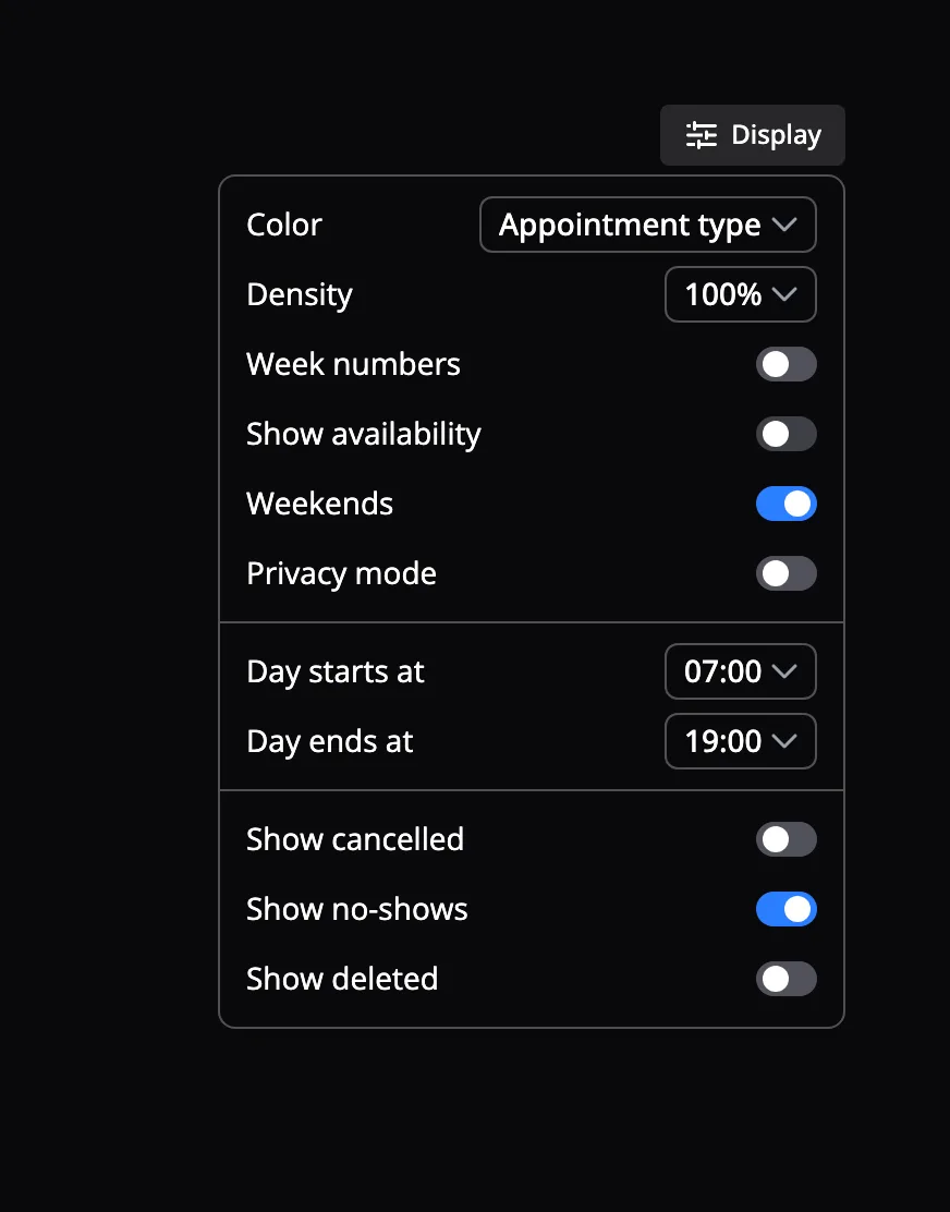 The Display menu above the calendar, with Color, Density, Week numbers, Show availability, Weekends, Privacy mode, Day starts at, Day ends at and the switches for cancelled, no-show and deleted appointments