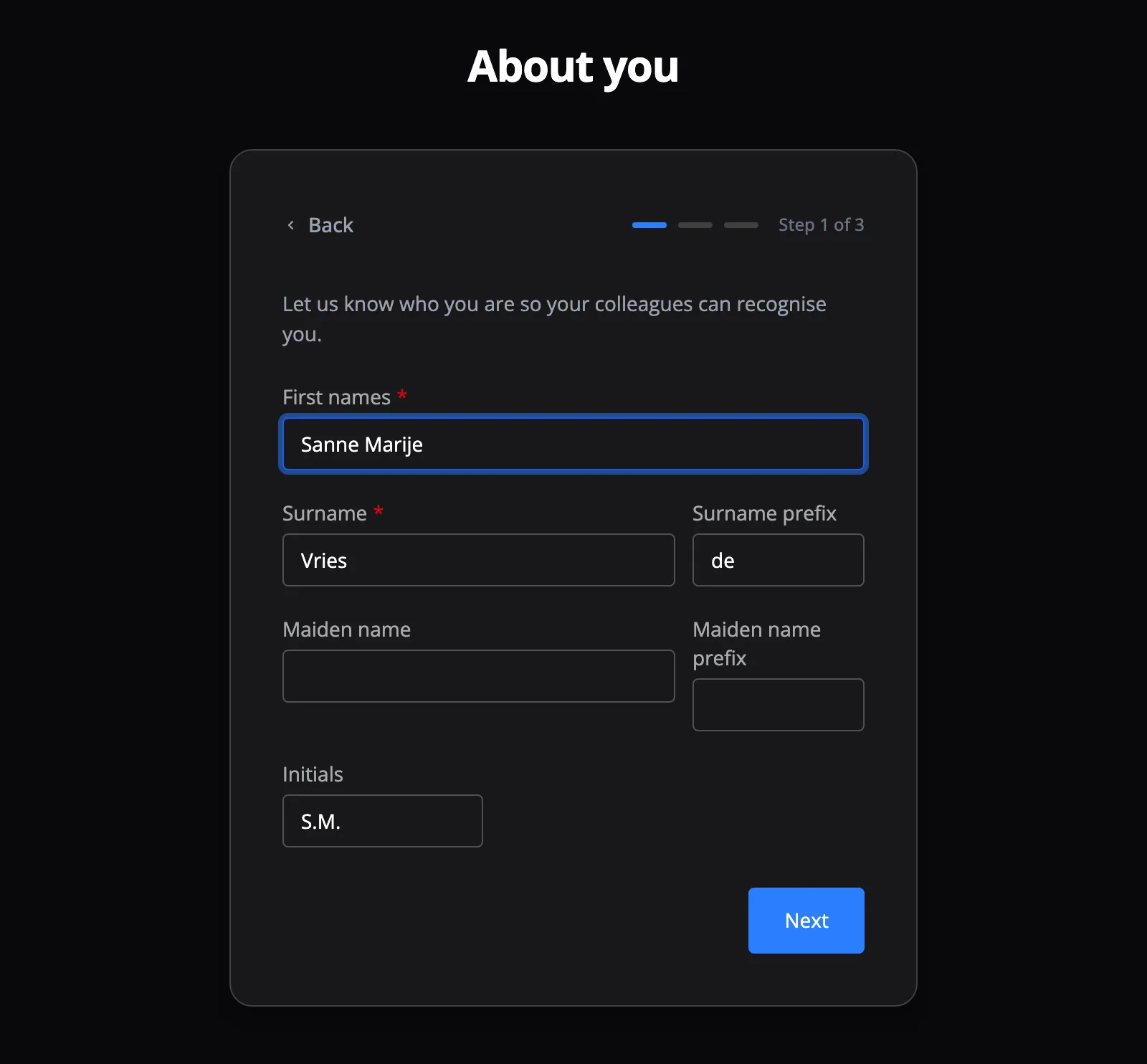 Step 1: filling in your name