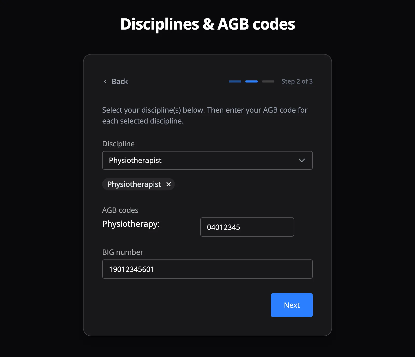Step 2: filling in disciplines, AGB codes and BIG number