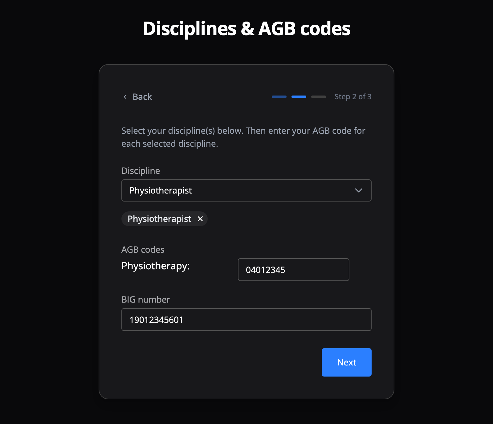 Step 2: filling in disciplines, AGB codes and BIG number