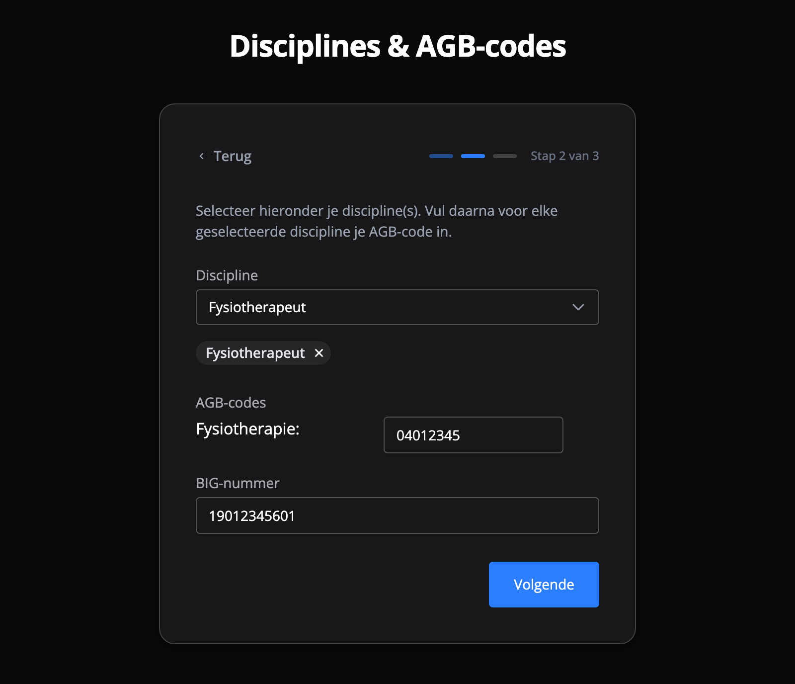 Stap 2: disciplines, AGB-codes en BIG-nummer invullen
