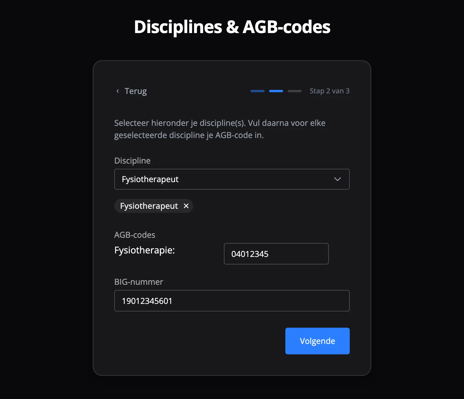 Stap 2: disciplines, AGB-codes en BIG-nummer invullen