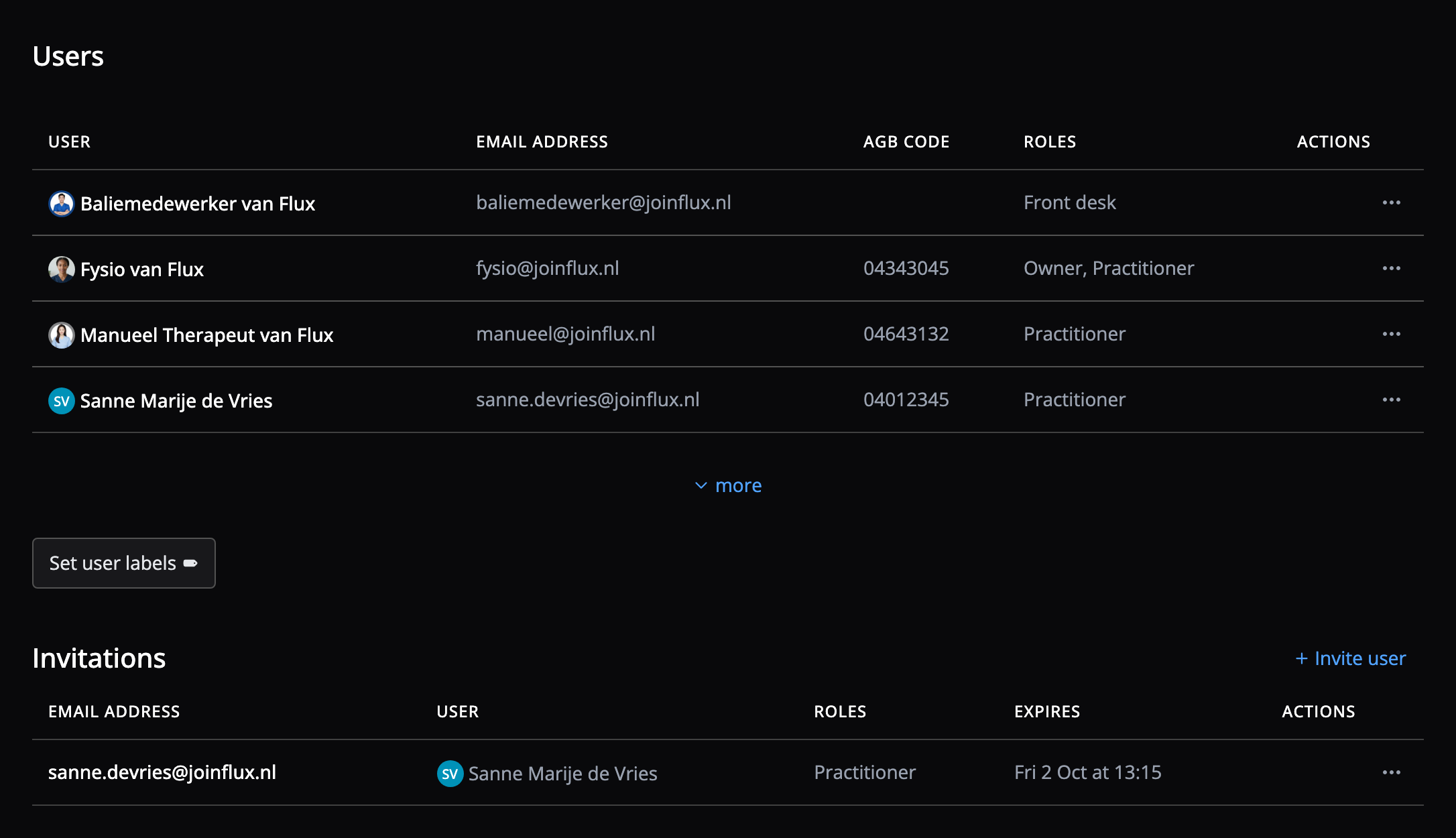 User overview with pending invitations in Flux