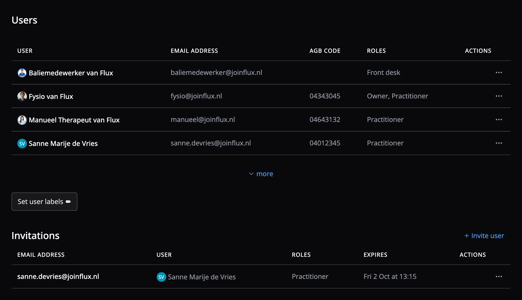 User overview with pending invitations in Flux