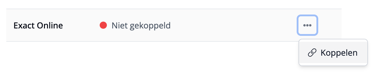 Exact Online configuration with unconnected status and the open menu to connect Exact Online
