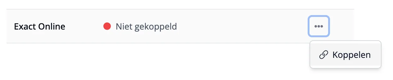 Exact Online configuration with unconnected status and the open menu to connect Exact Online