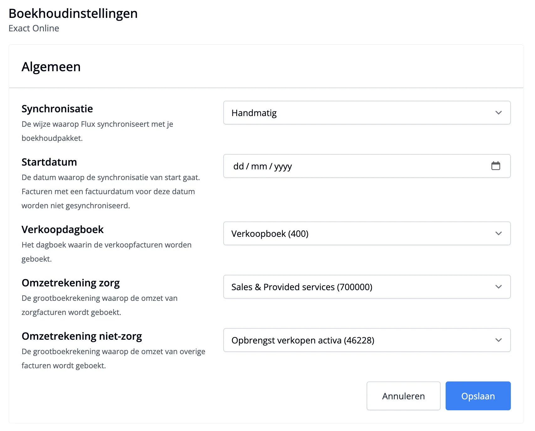 Bookkeeping settings for Exact Online in Flux