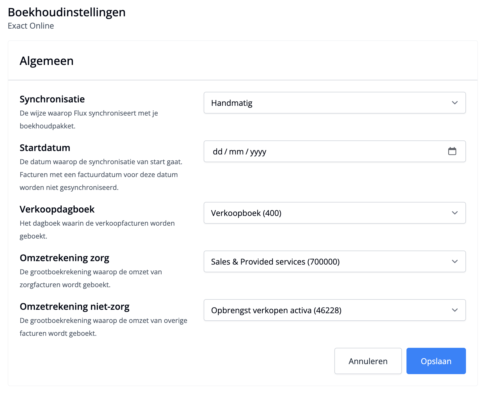 Bookkeeping settings for Exact Online in Flux